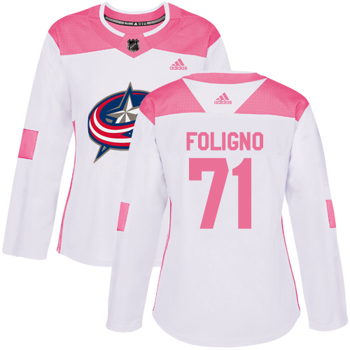 Adidas Blue Jackets #71 Nick Foligno White/Pink Authentic Fashion Women's Stitched NHL Jersey